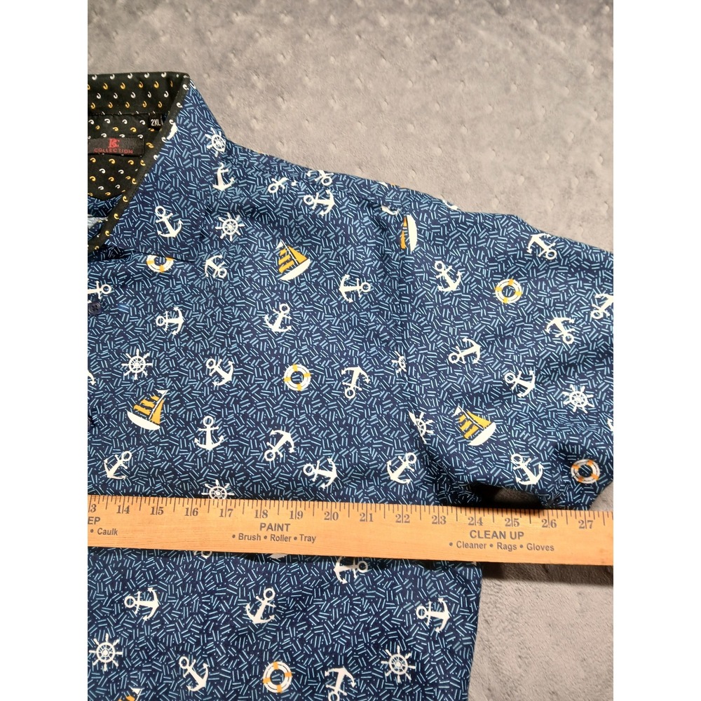 BC Collection Nautical Button Down Shirt Mens 2XL XXL Blue Anchor Ship Wheel - Picture 5 of 8